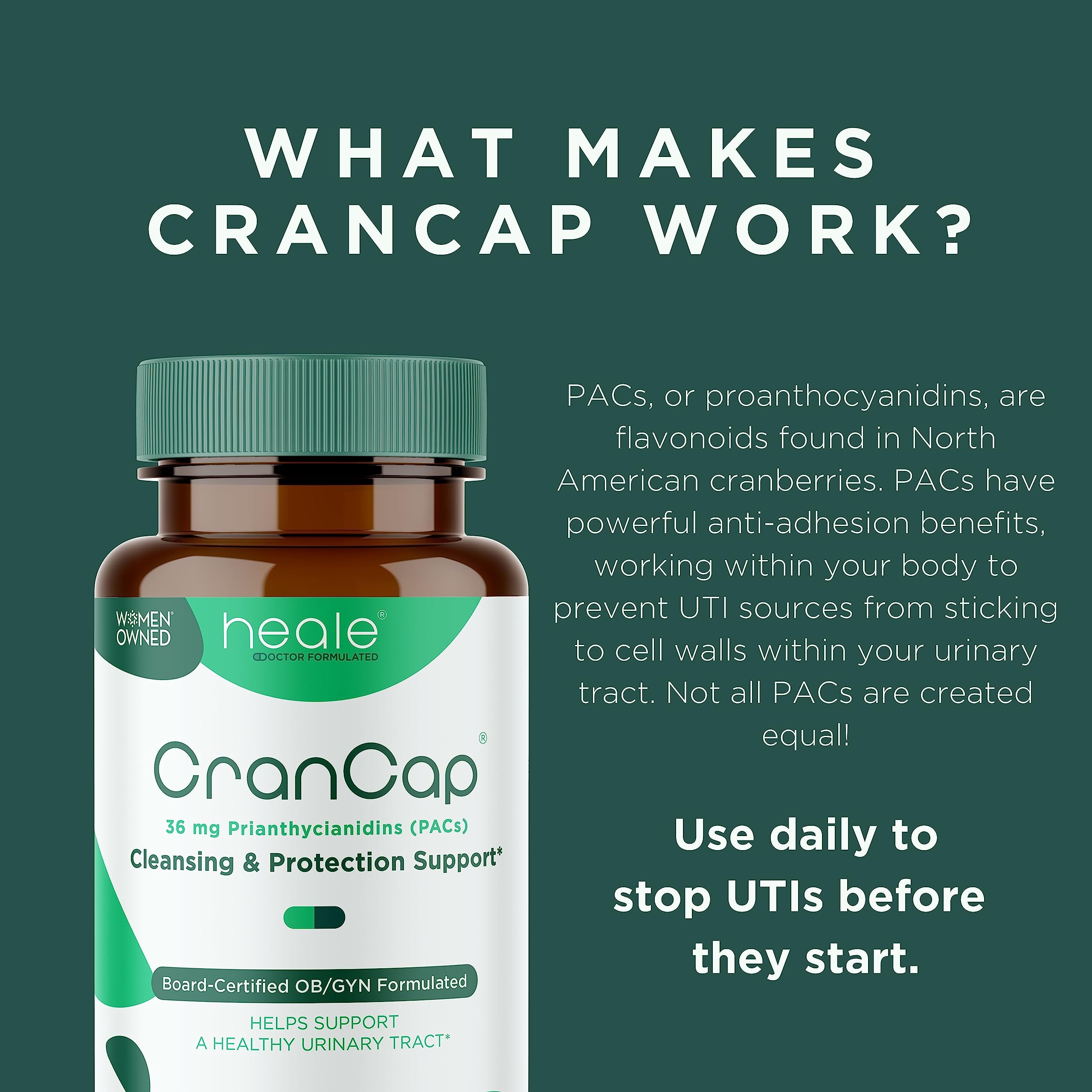 CranCap etiqueta de ingredientes destacando 36 mg de PAC por cápsula