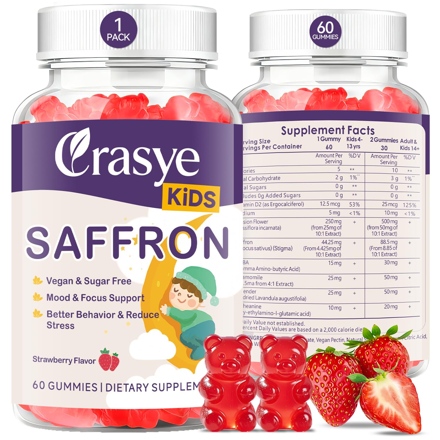 Crasye envase frontal con gomitas de azafrán, fácil identificación y uso