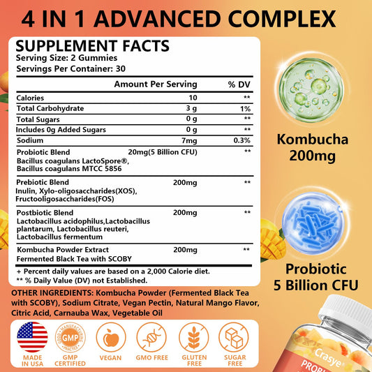 Crasye gomitas probióticas kombucha - porción lista para snack saludable.