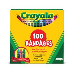 Crayola paquete frontal mostrando 100 curitas y beneficio práctico