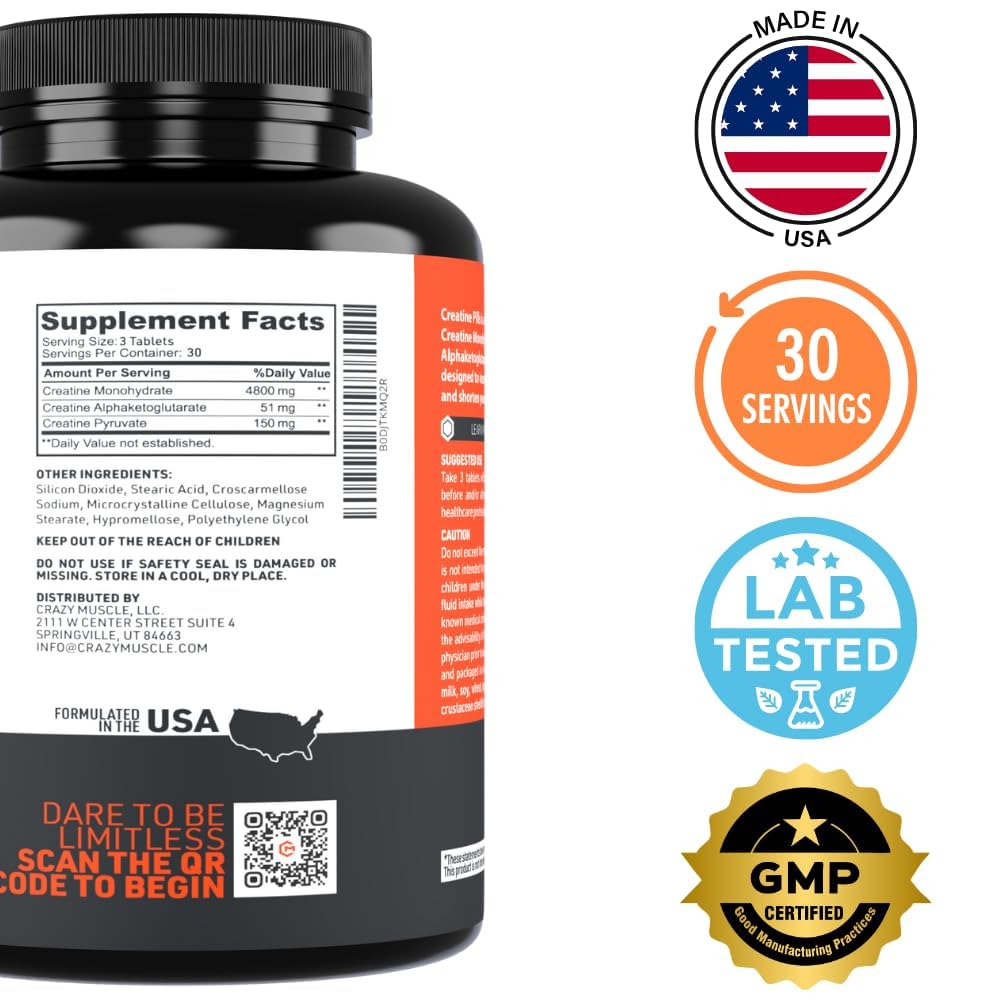 Crazy Muscle etiqueta del producto con lista de ingredientes y certificación GMP visible