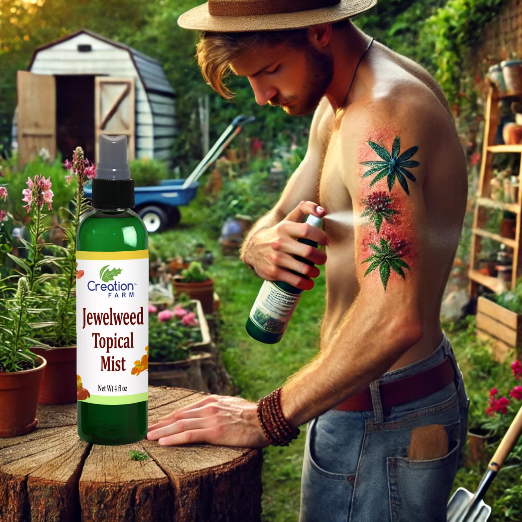 Creation Pharm spray en entorno de campo ideal para excursionistas y campistas