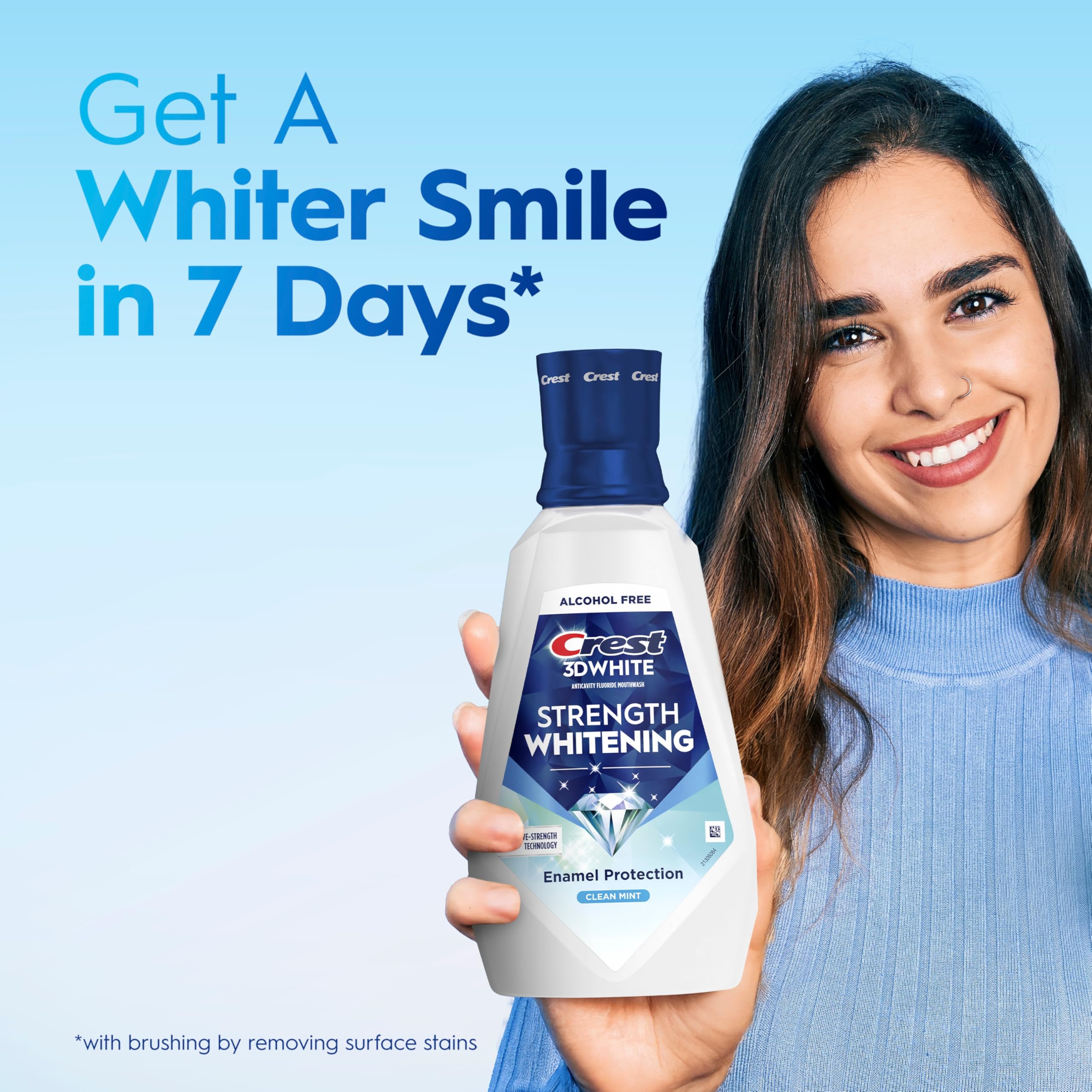 Crest 3D Clean Mint junto a una regla para mostrar tamaño real de 32 fl oz
