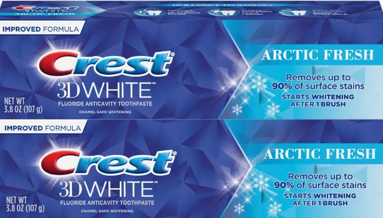Crest 3D White frente del empaque mostrando el pack de 2 y conveniencia