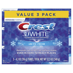 Crest 3D White frontal del pack de tres tubos muestra ahorro y cantidad