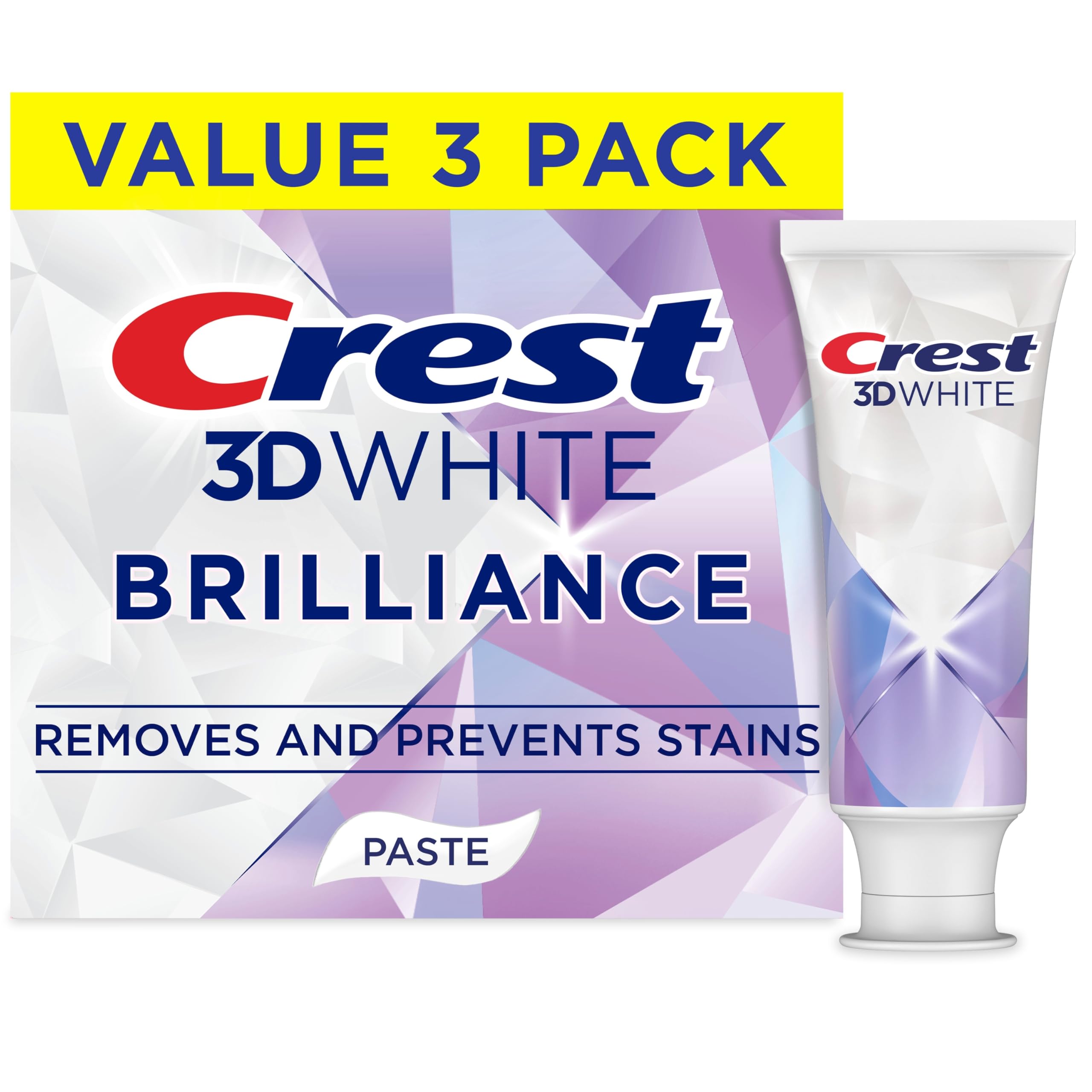 Crest 3D White Brilliance frente del empaque mostrando el beneficio blanqueador