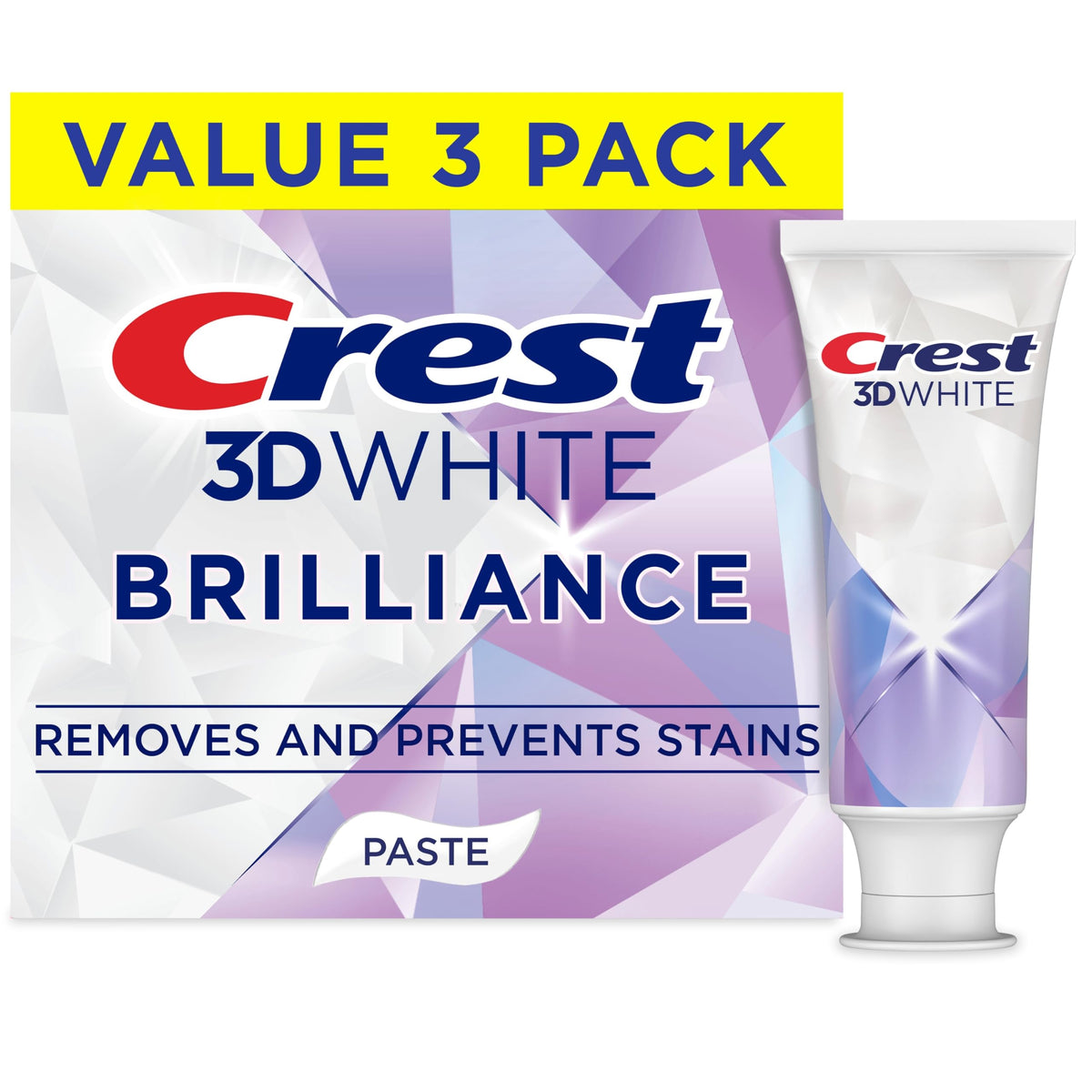Crest 3D White Brilliance frente del empaque mostrando el beneficio blanqueador