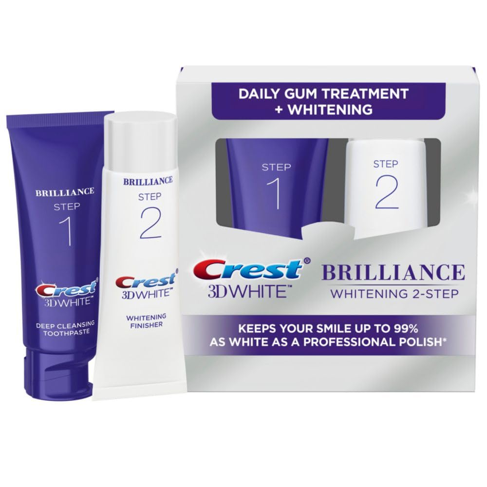 Crest 3D White Brilliance frente del paquete mostrando el kit y beneficios