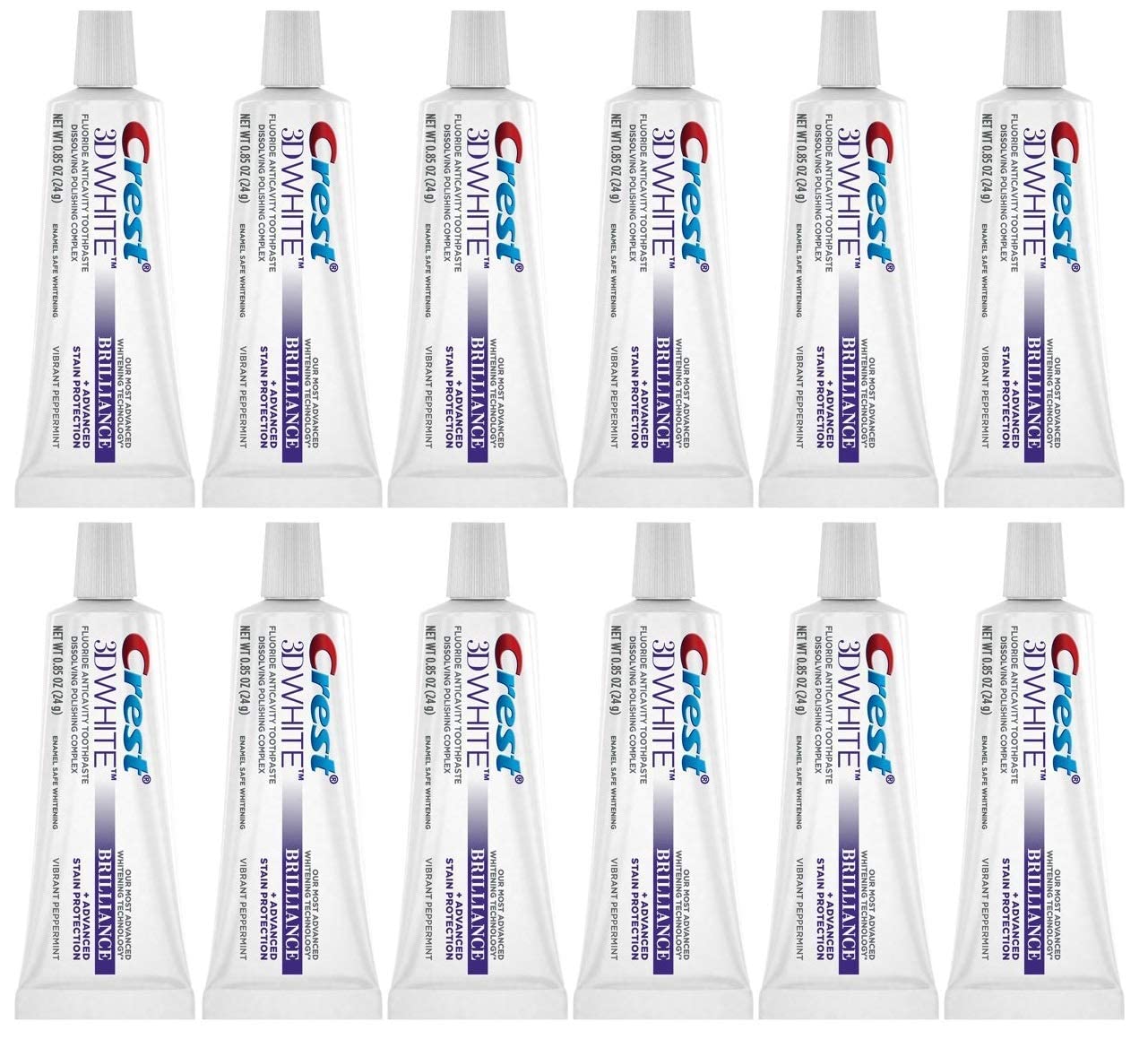 Crest 3D White Brilliance frente del tubo con etiquetado visible y beneficio blanqueante