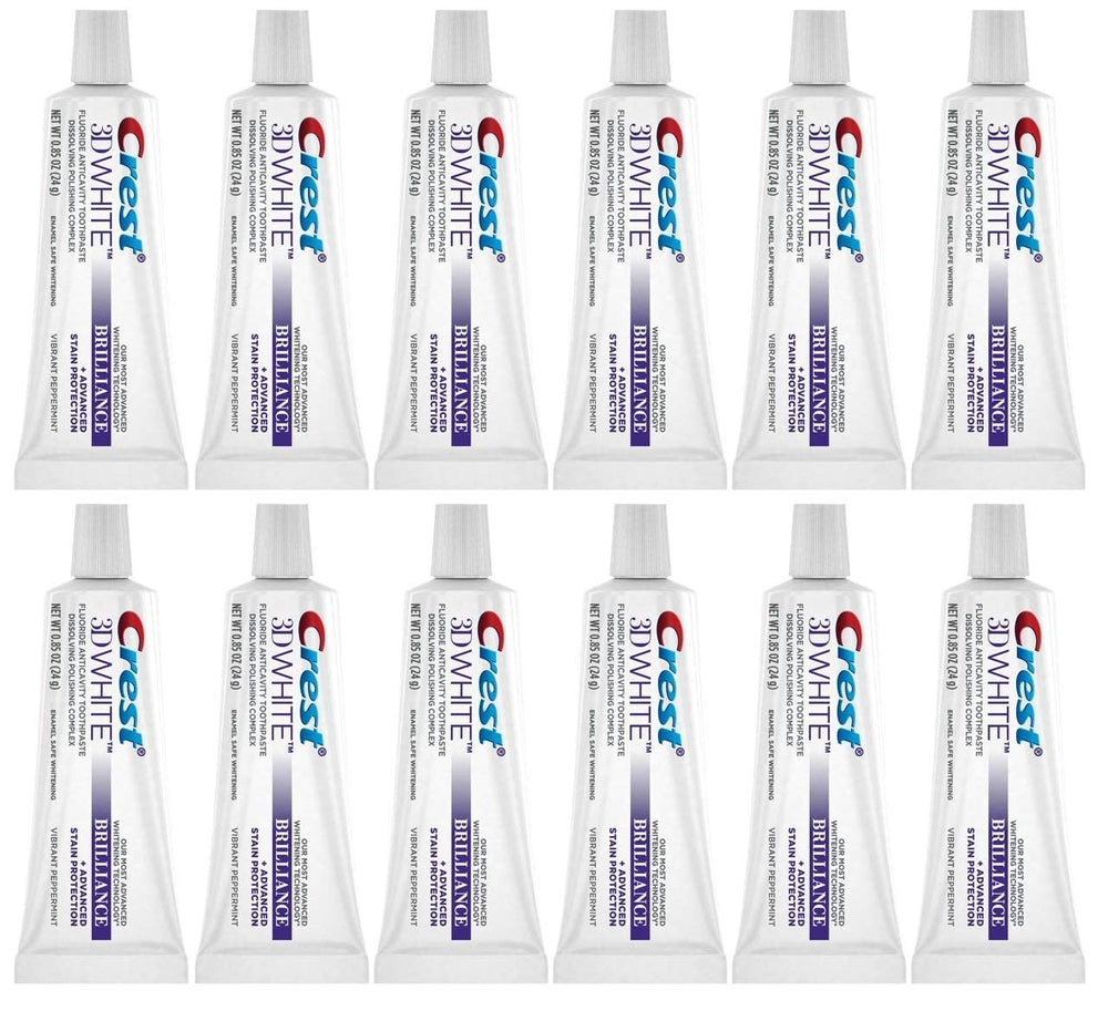 Crest 3D White Brilliance frente del tubo con etiquetado visible y beneficio blanqueante