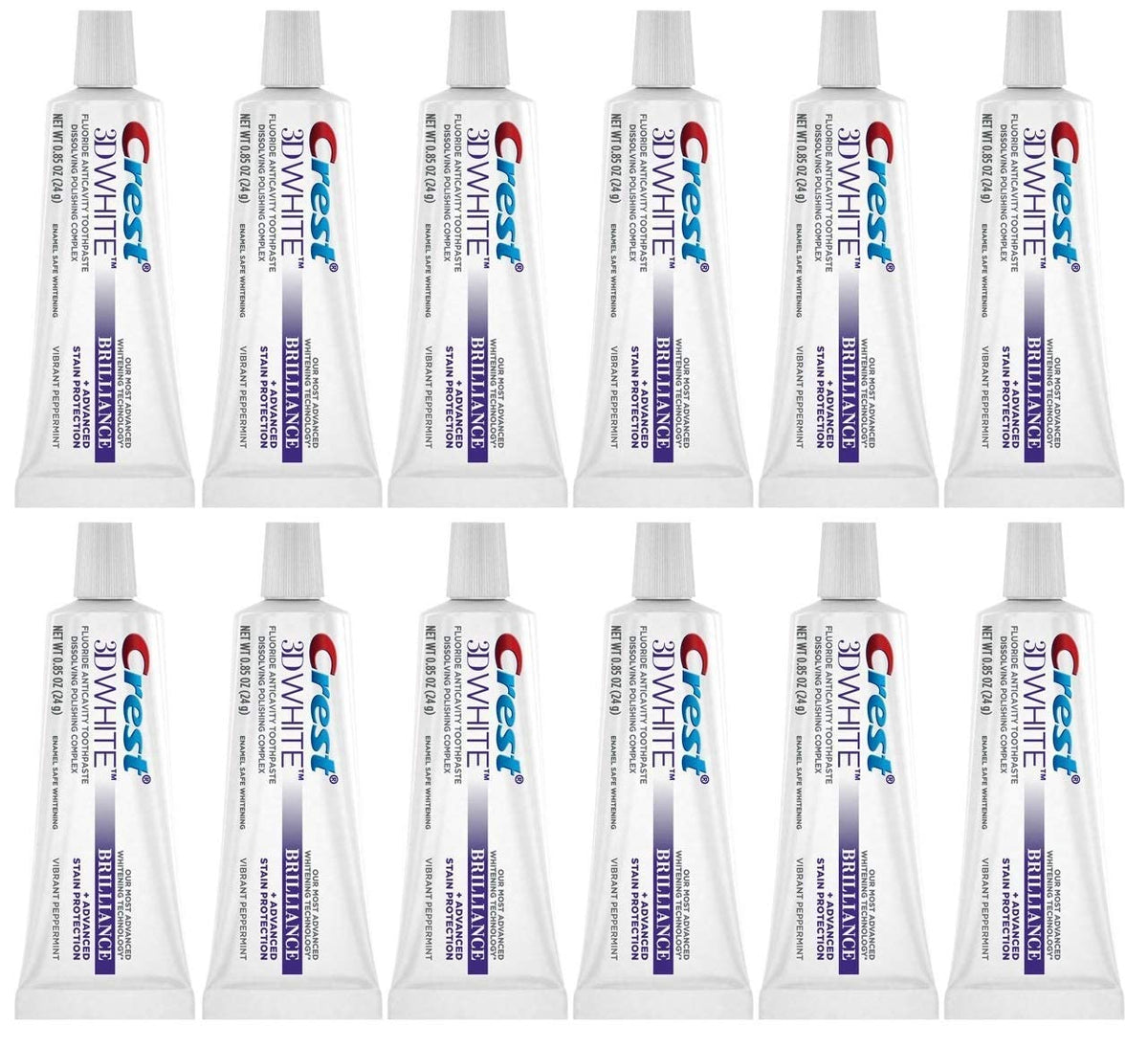 Crest 3D White Brilliance frente del tubo con etiquetado visible y beneficio blanqueante