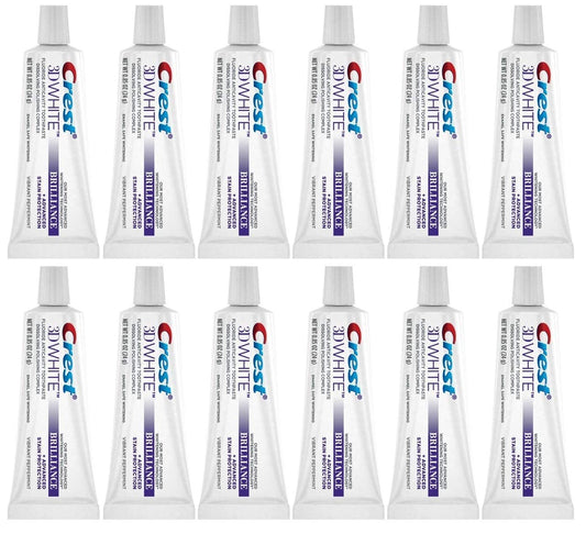 Crest 3D White Brilliance frente del tubo con etiquetado visible y beneficio blanqueante