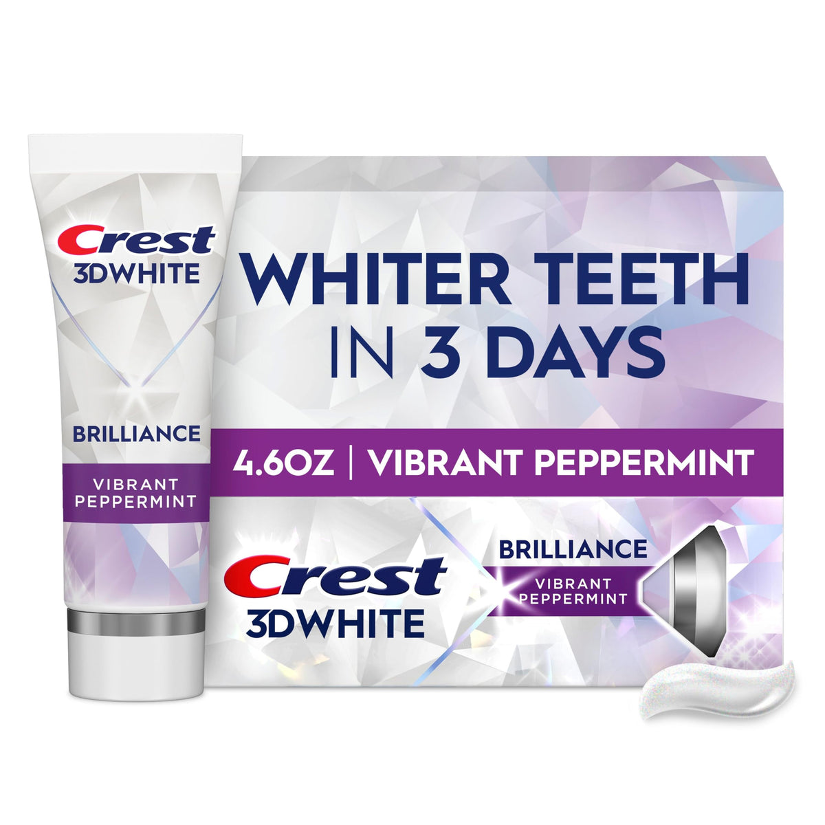 Crest 3D White Brilliance frente del envase mostrando marca y beneficio blanqueador