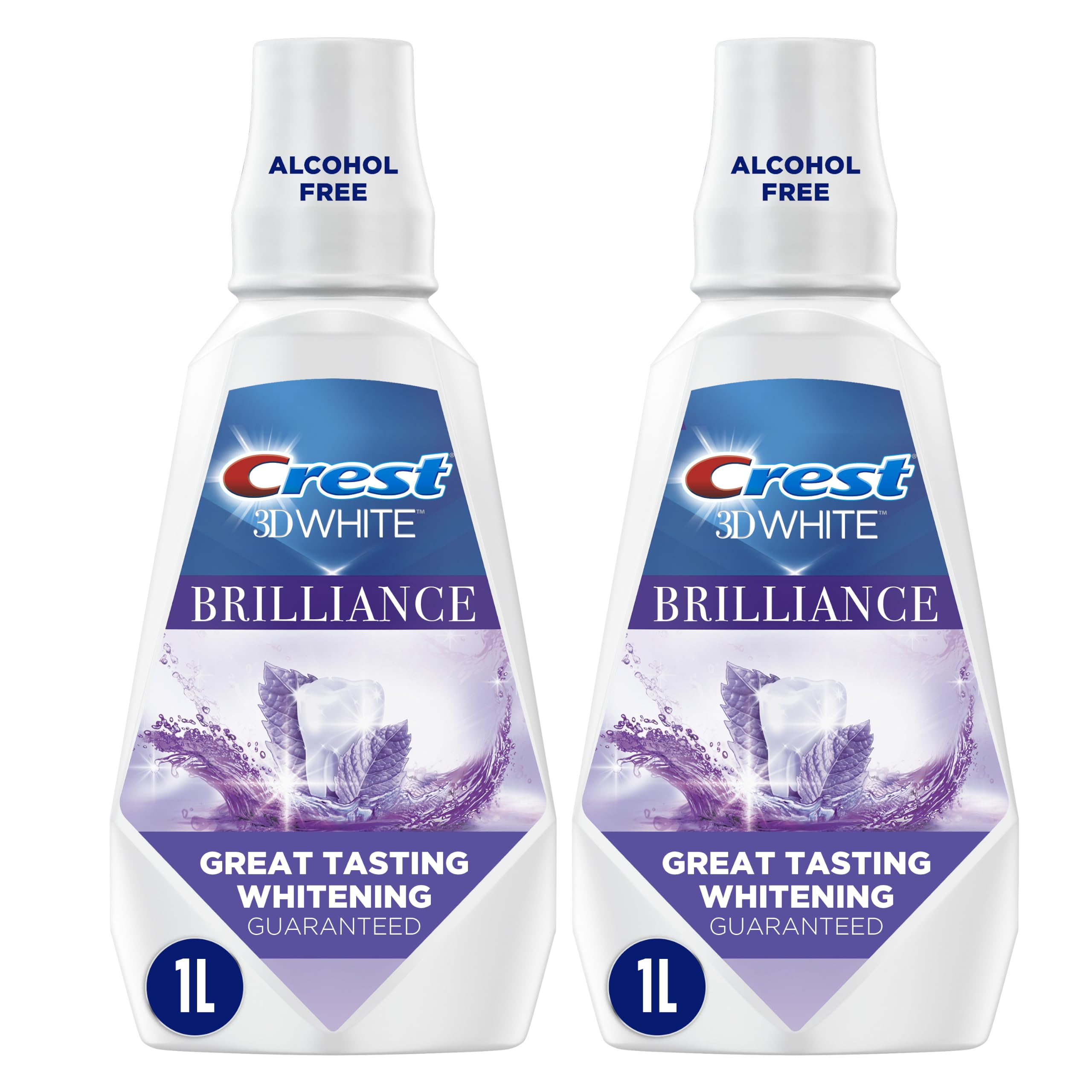 Crest 3D White Brilliance vista frontal mostrando botella y etiqueta, efecto blanqueador