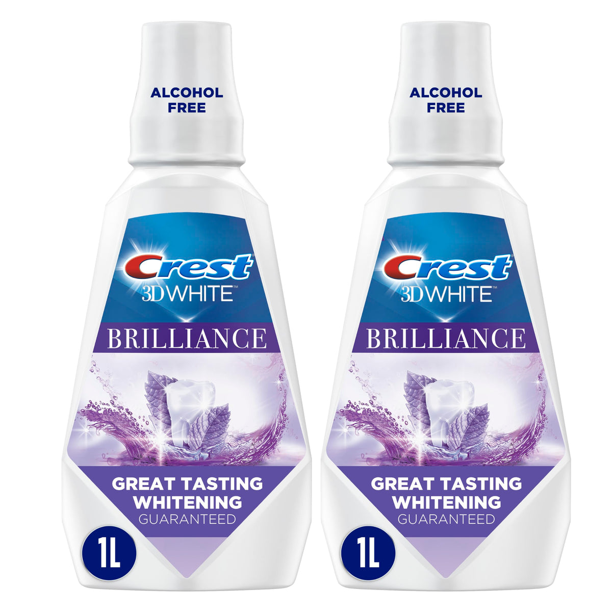 Crest 3D White Brilliance vista frontal mostrando botella y etiqueta, efecto blanqueador