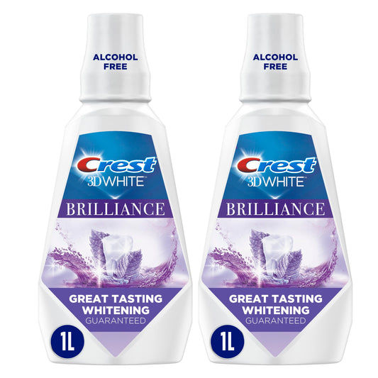 Crest 3D White Brilliance vista frontal mostrando botella y etiqueta, efecto blanqueador