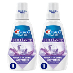 Crest 3D White Brilliance vista frontal mostrando botella y etiqueta, efecto blanqueador