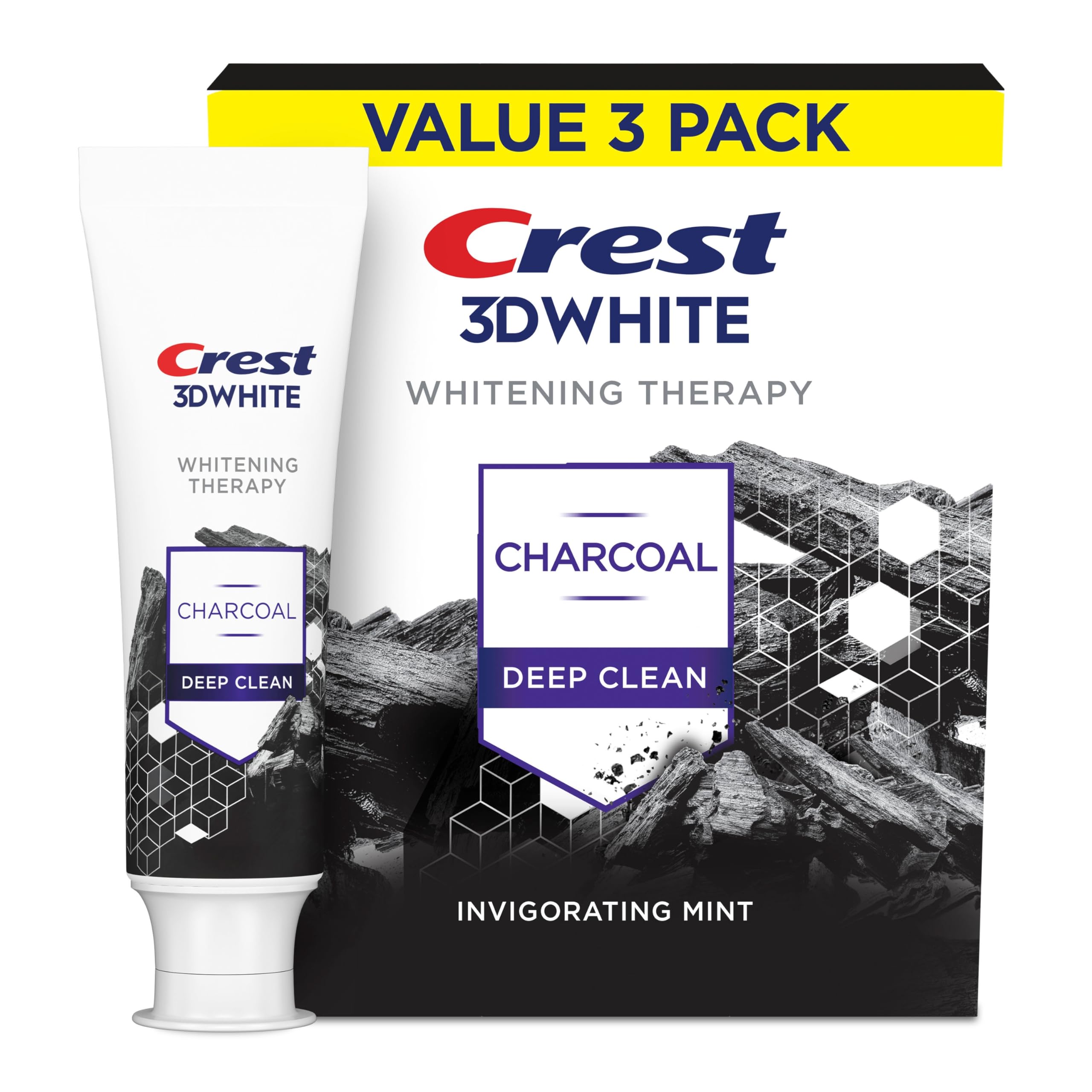 Crest 3D White frontal del empaque mostrando las tres unidades y beneficios