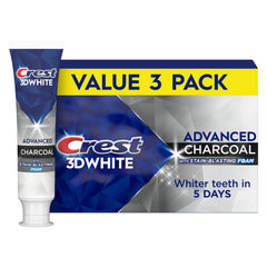 Crest 3D White charcoals frontal mostrando tubos y beneficio de limpieza