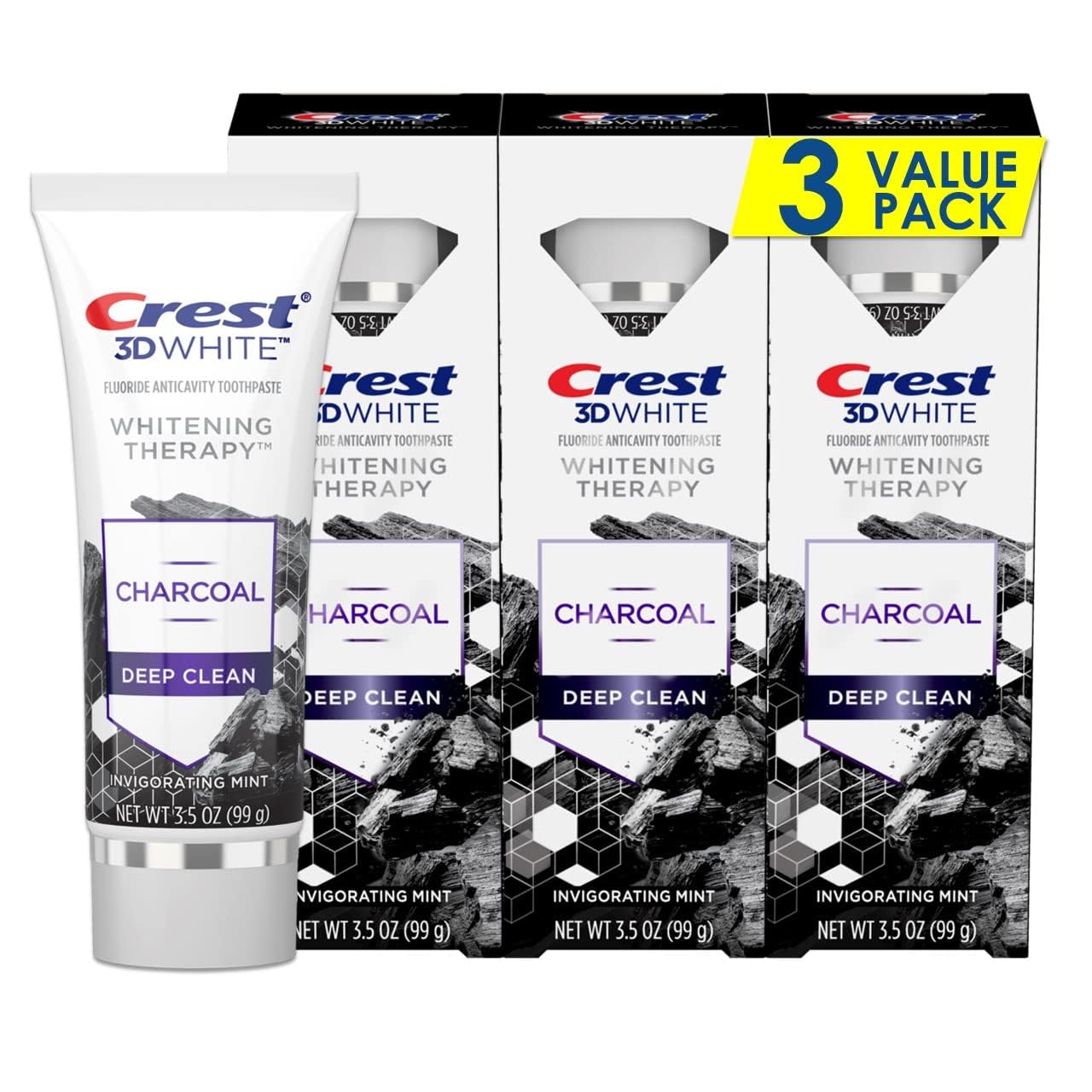 Crest 3D White frente del empaque mostrando pack de tres - visibilidad de producto y presentación