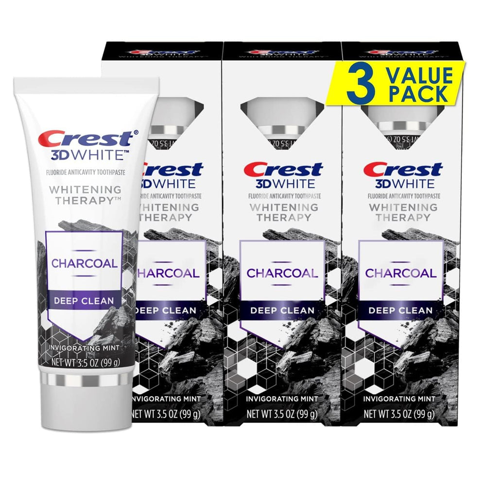 Crest 3D White frente del empaque mostrando pack de tres - visibilidad de producto y presentación