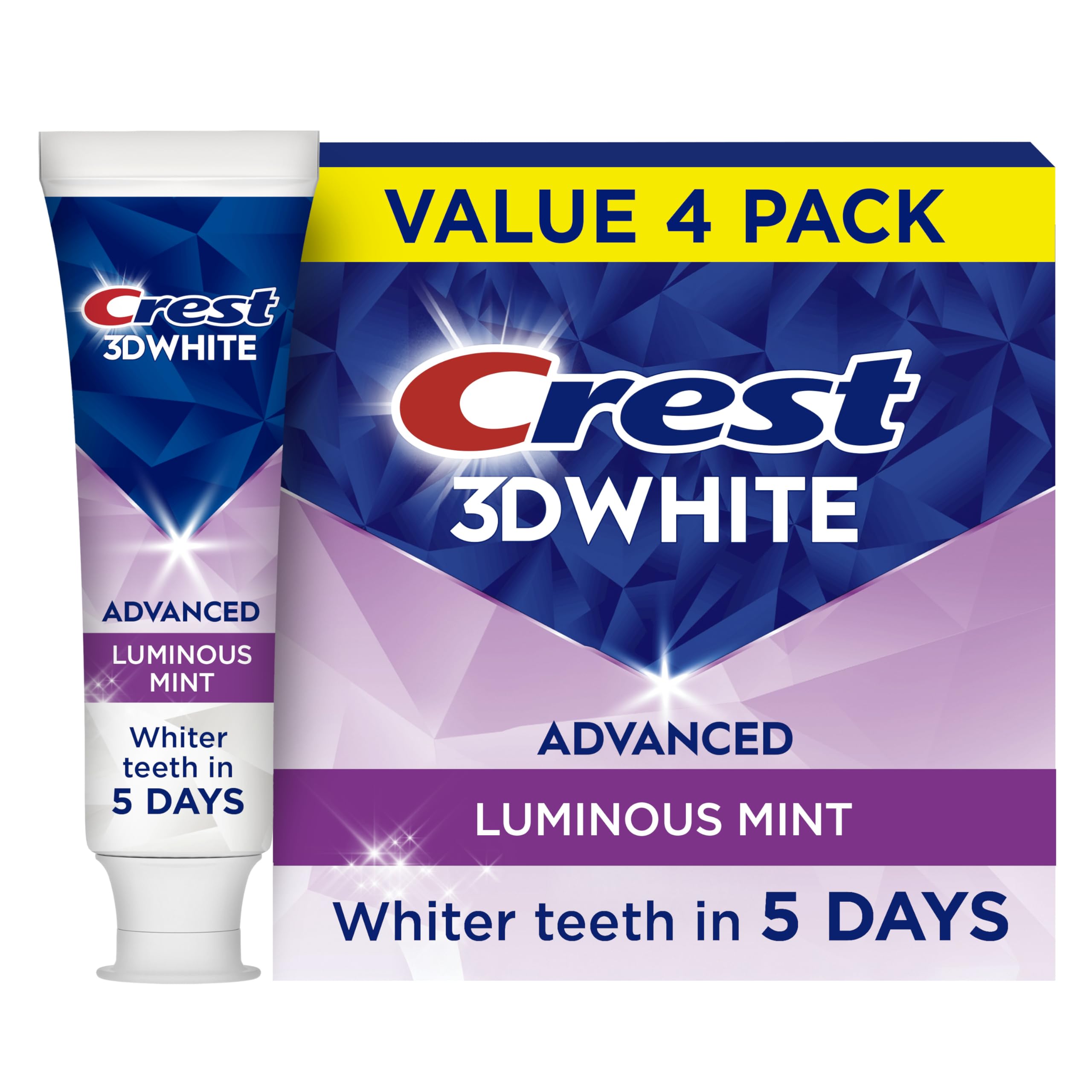 Crest envase frontal mostrando diseño y beneficios para sonrisa más brillante