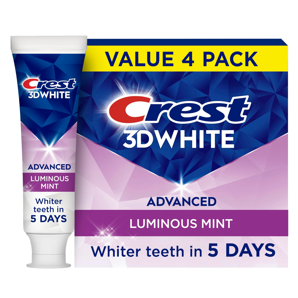 Crest envase frontal mostrando diseño y beneficios para sonrisa más brillante