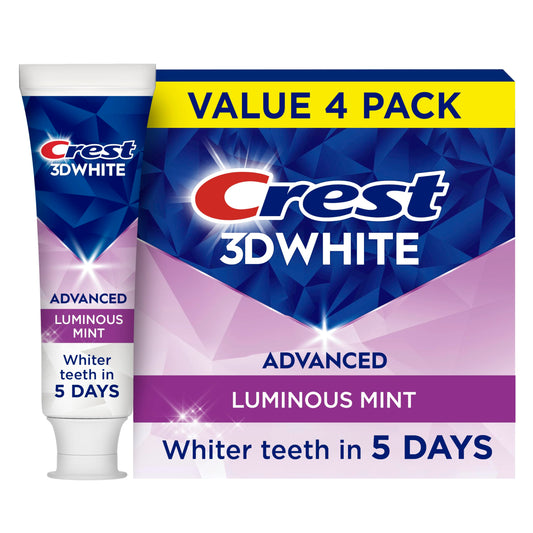 Crest envase frontal mostrando diseño y beneficios para sonrisa más brillante