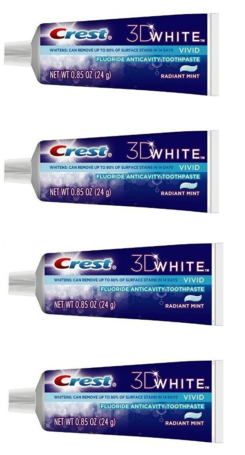 Crest 3D White frente del empaque mostrando tamaño viaje y efecto blanqueador