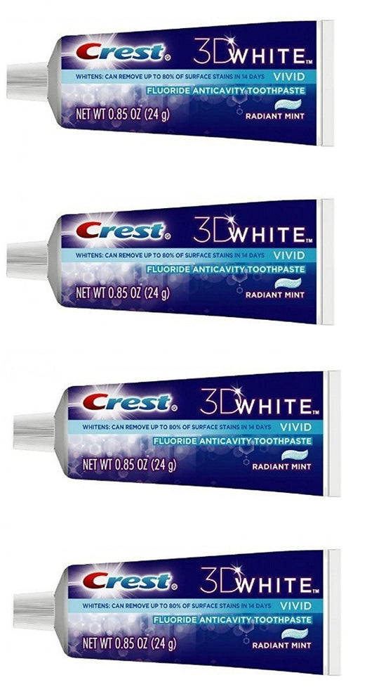 Crest 3D White frente del empaque mostrando tamaño viaje y efecto blanqueador