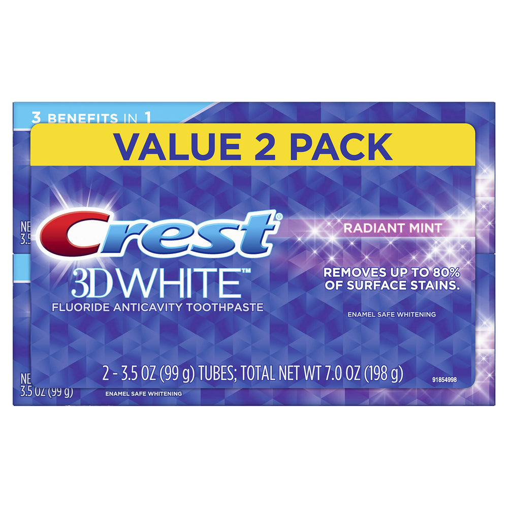 Crest 3D White frente del empaque mostrando pack de 2 y beneficio blanqueador