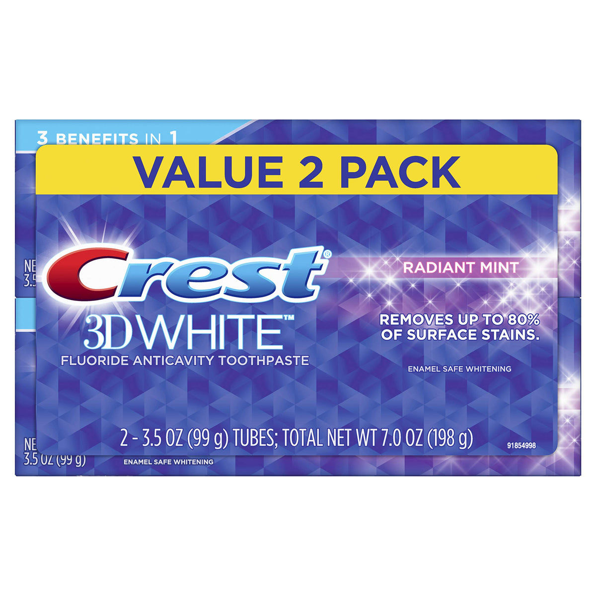 Crest 3D White frente del empaque mostrando pack de 2 y beneficio blanqueador