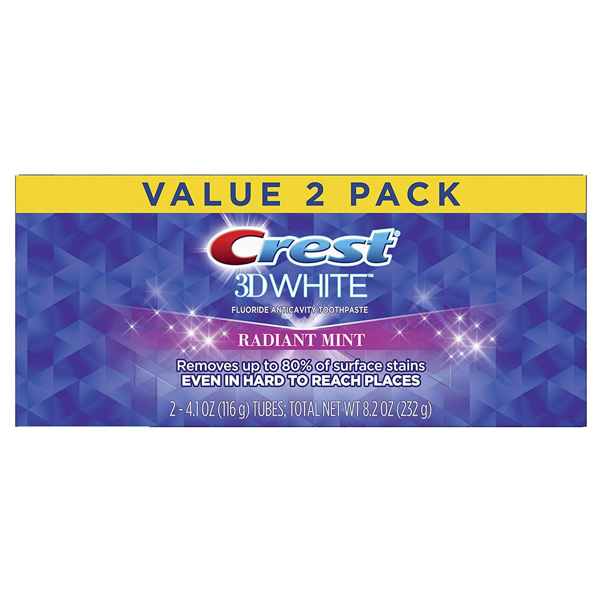 Crest 3D White frente del empaque muestra blanqueamiento y beneficio estético