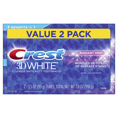 Crest 3D White frente del empaque mostrando pack de 2 y beneficio blanqueador
