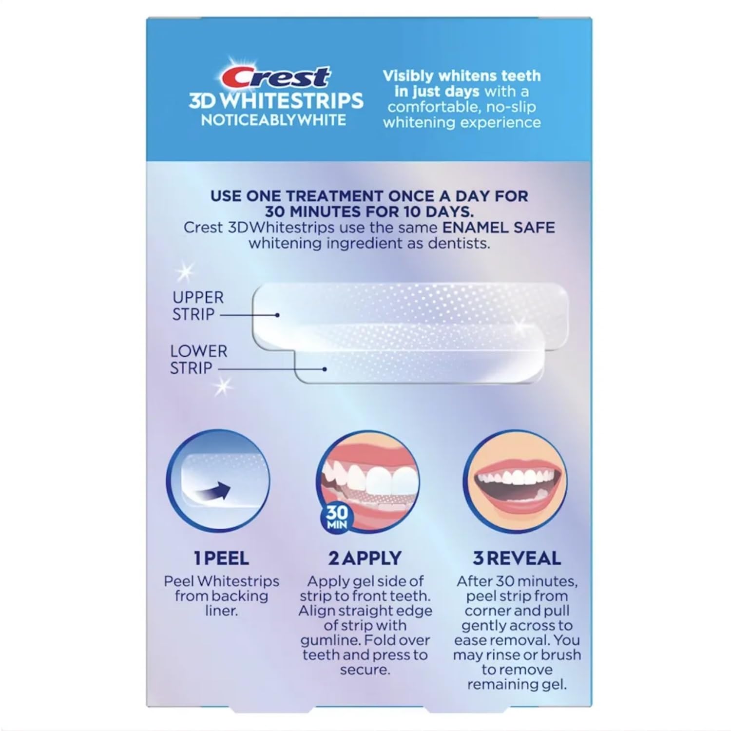Usuario aplicando Crest Whitestrips para un blanqueado rápido y sencillo
