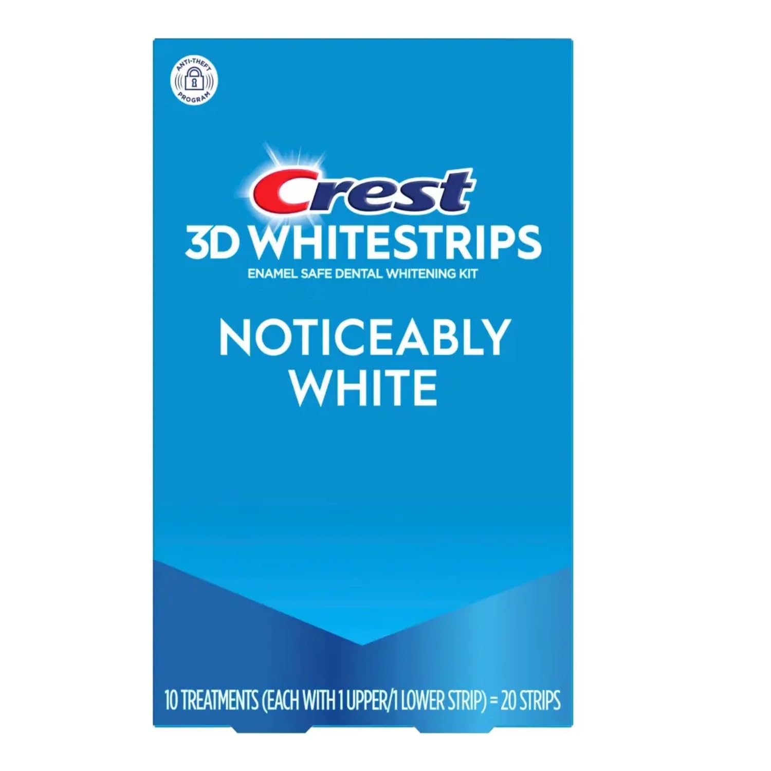 Crest paquete frontal mostrando tiras y beneficios de sonrisa más blanca