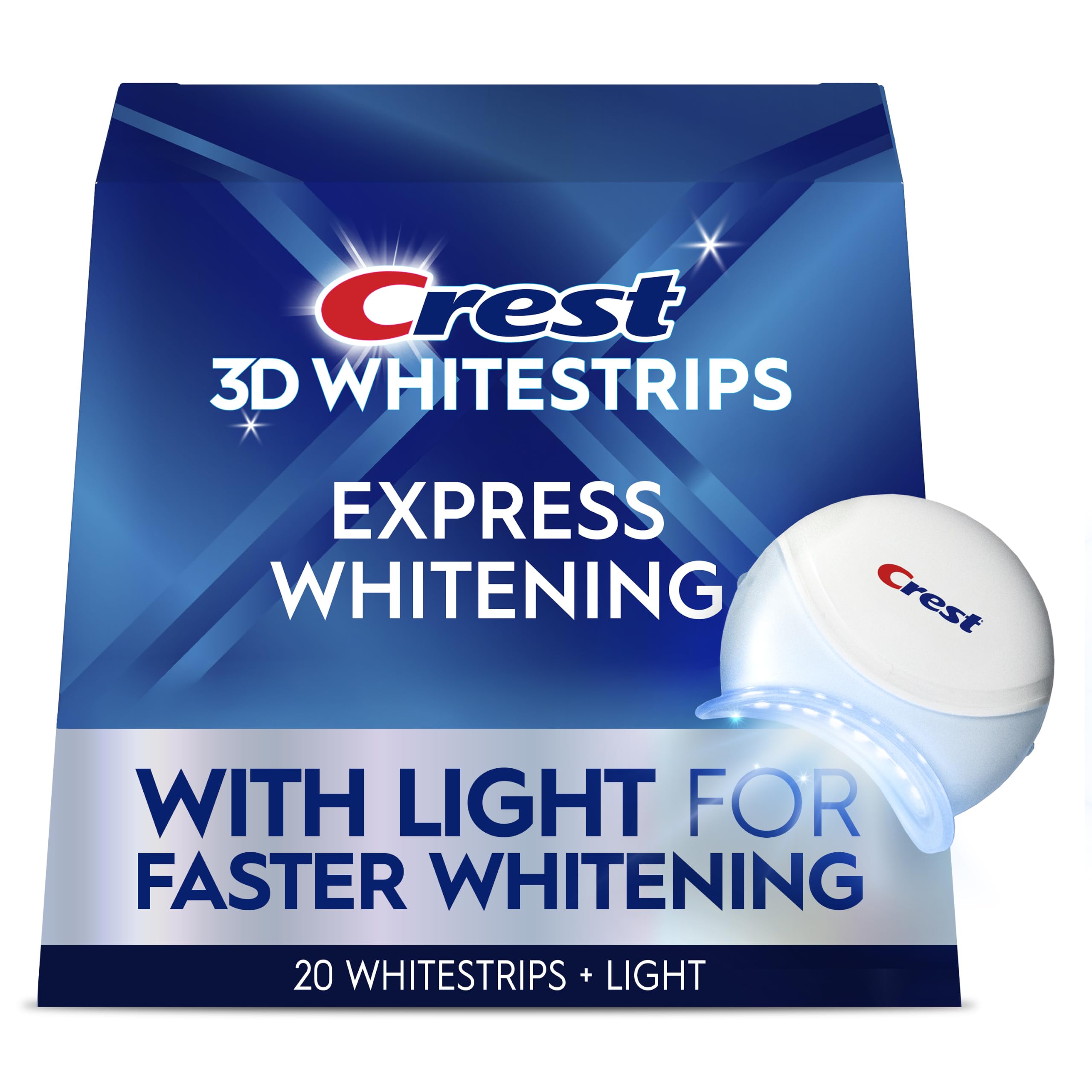 Crest 3D Whitestrips frontal del embalaje mostrando el kit y beneficios visibles