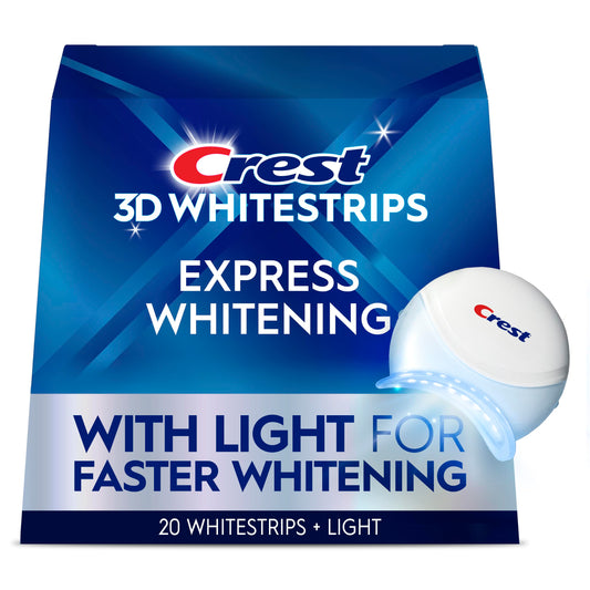 Crest 3D Whitestrips frontal del embalaje mostrando el kit y beneficios visibles