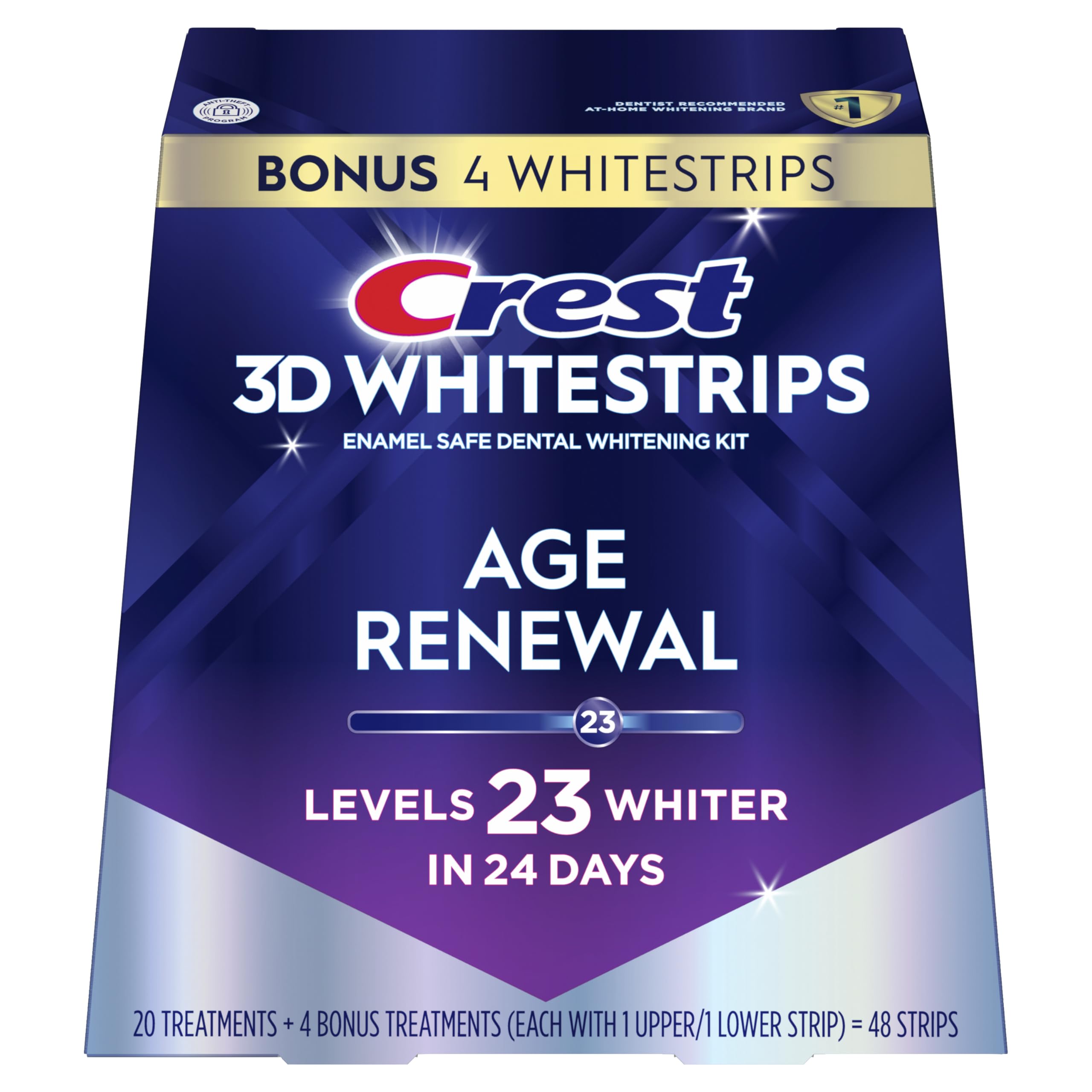 Crest 3D Whitestrips paquete frontal mostrando el kit y beneficios