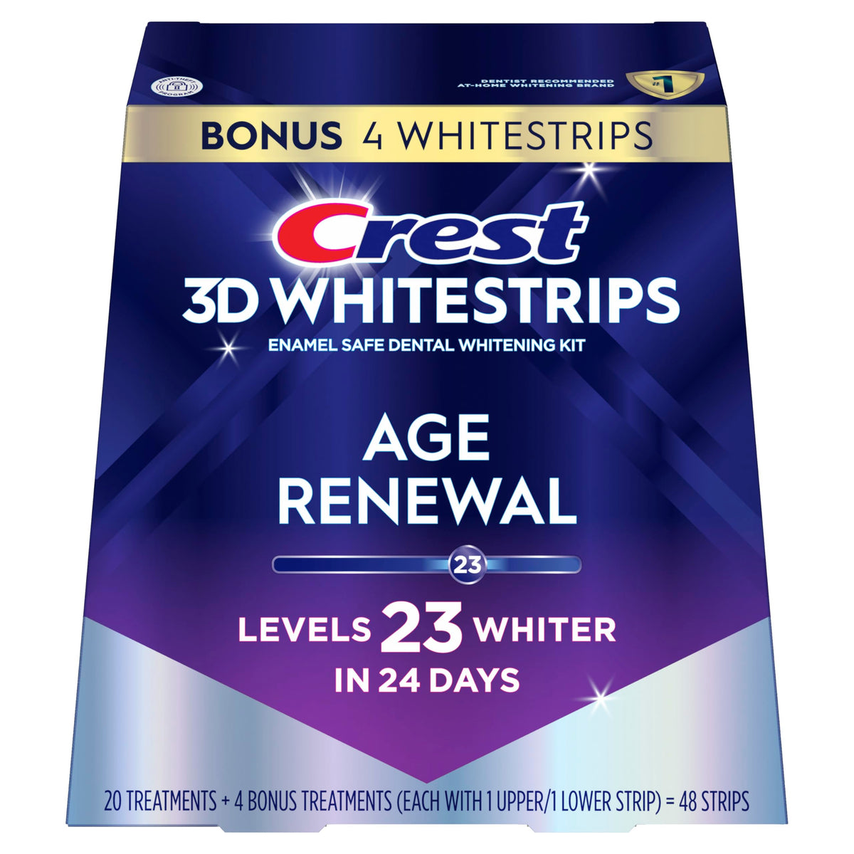 Crest 3D Whitestrips paquete frontal mostrando el kit y beneficios