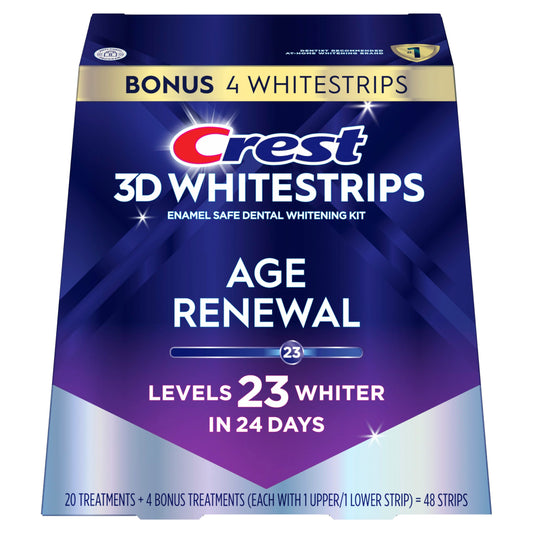 Crest 3D Whitestrips paquete frontal mostrando el kit y beneficios