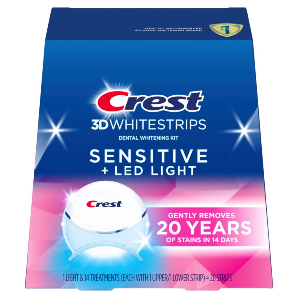 Crest embalaje frontal del kit mostrando tiras y luz LED, solução práctica