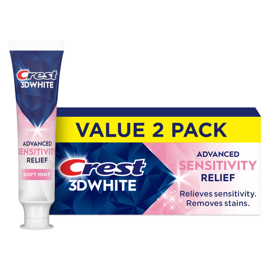 Crest 3DWhite frente del empaque mostrando pack de dos y beneficio de blanquear