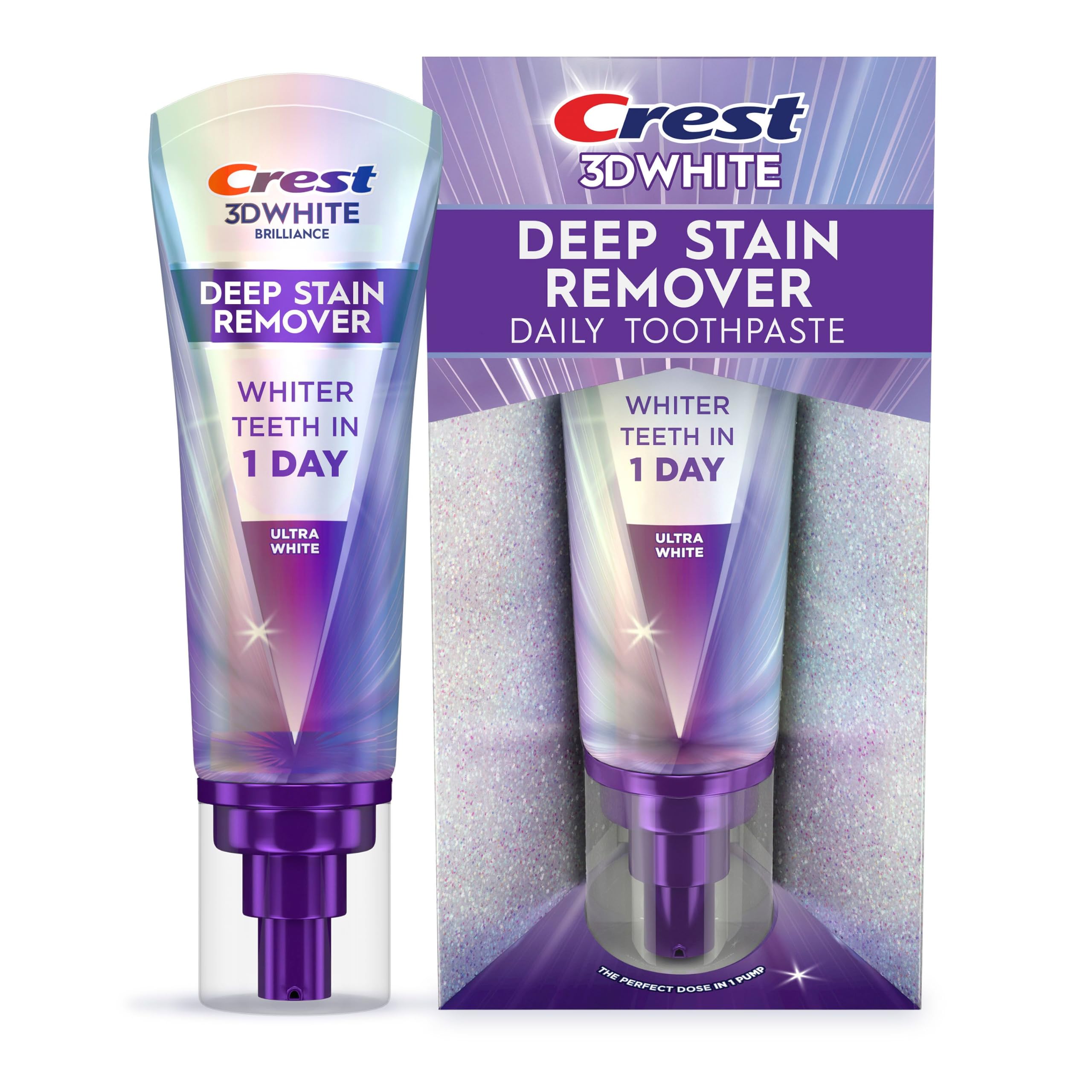 Crest 3DWhite frente del tubo mostrando diseño y beneficio blanqueador