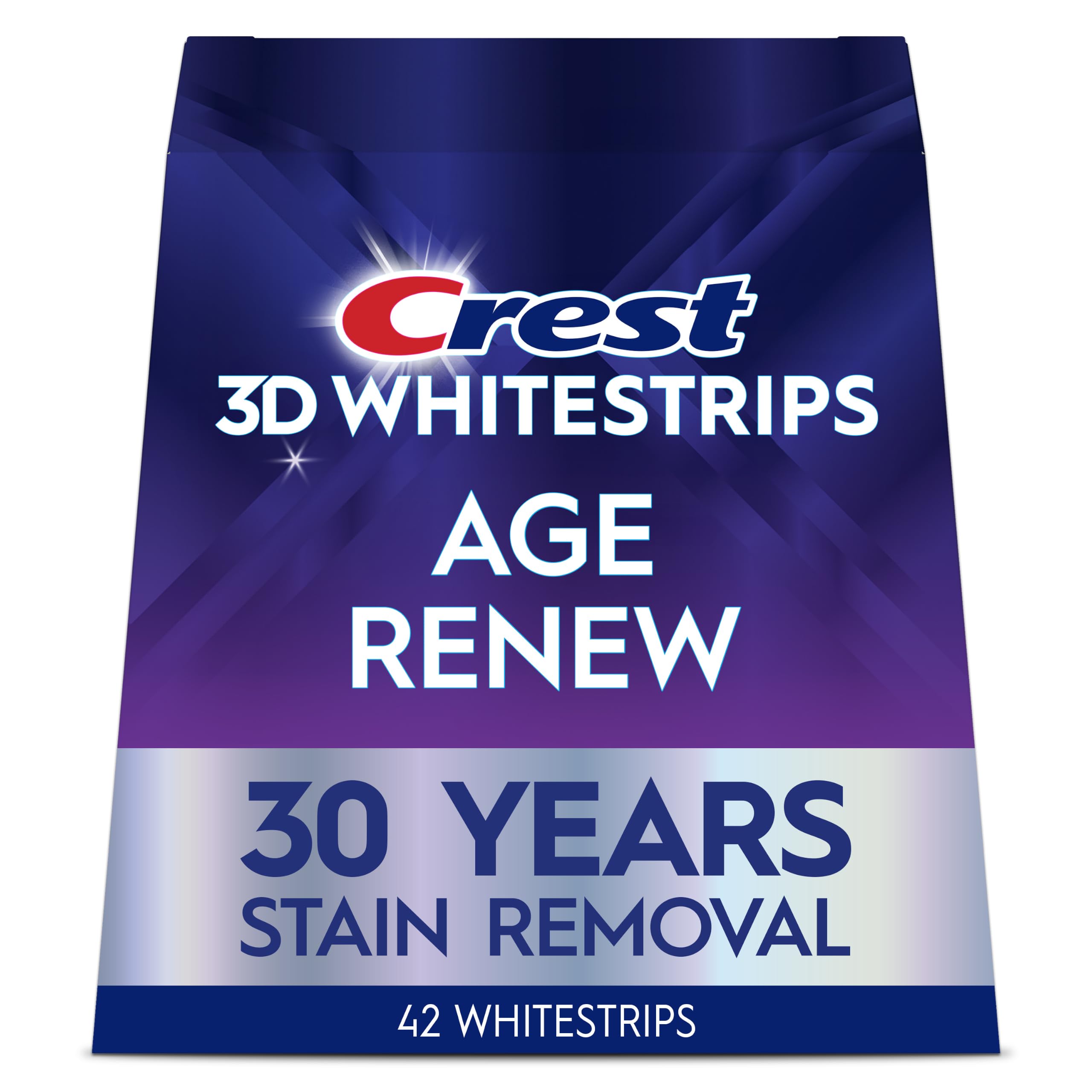 Crest 3DWhitestrips Age Renew empaque frontal mostrando 21 tratamientos y beneficios
