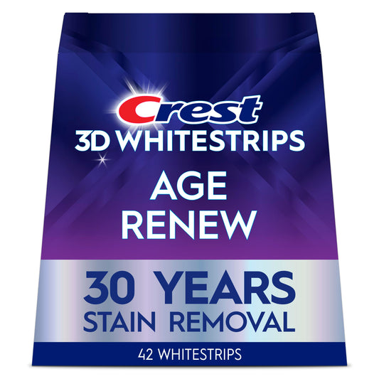 Crest 3DWhitestrips Age Renew empaque frontal mostrando 21 tratamientos y beneficios