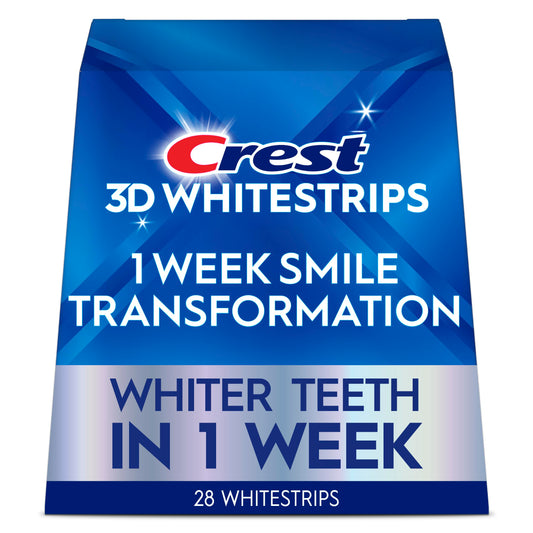 Crest paquete frontal mostrando tiras y sello de 7 días, conveniencia visible