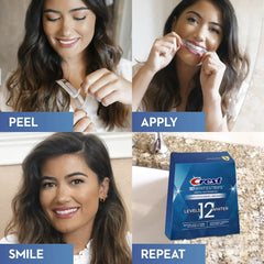 Persona aplicando Crest 3D Whitestrips en la boca durante 30 minutos, comodidad diaria
