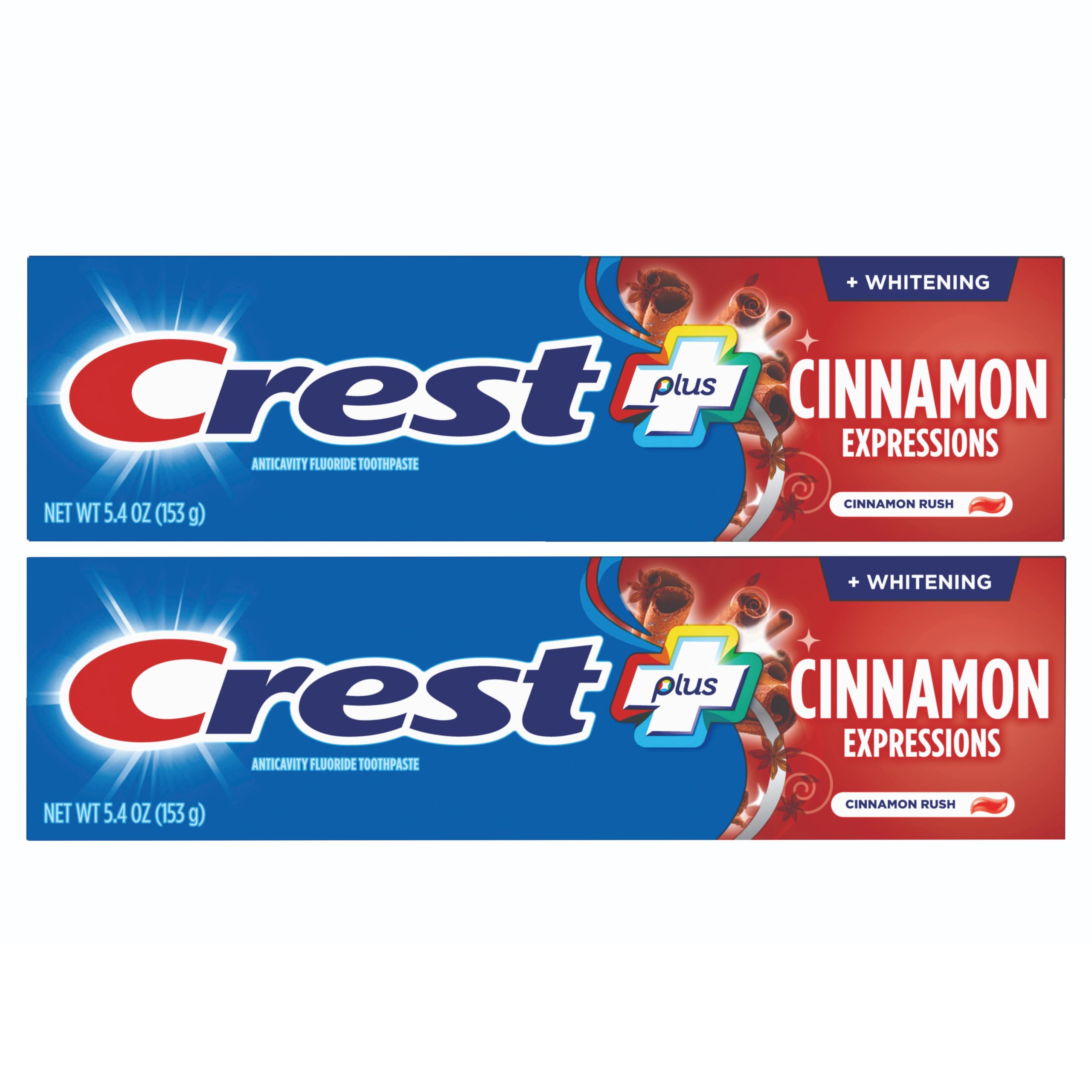 Crest pasta dental canela frontal del empaque mostrando el pack de 2 y beneficio blanqueador