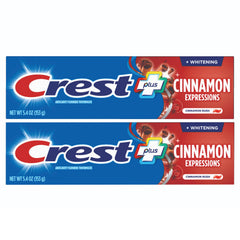Crest pasta dental canela frontal del empaque mostrando el pack de 2 y beneficio blanqueador